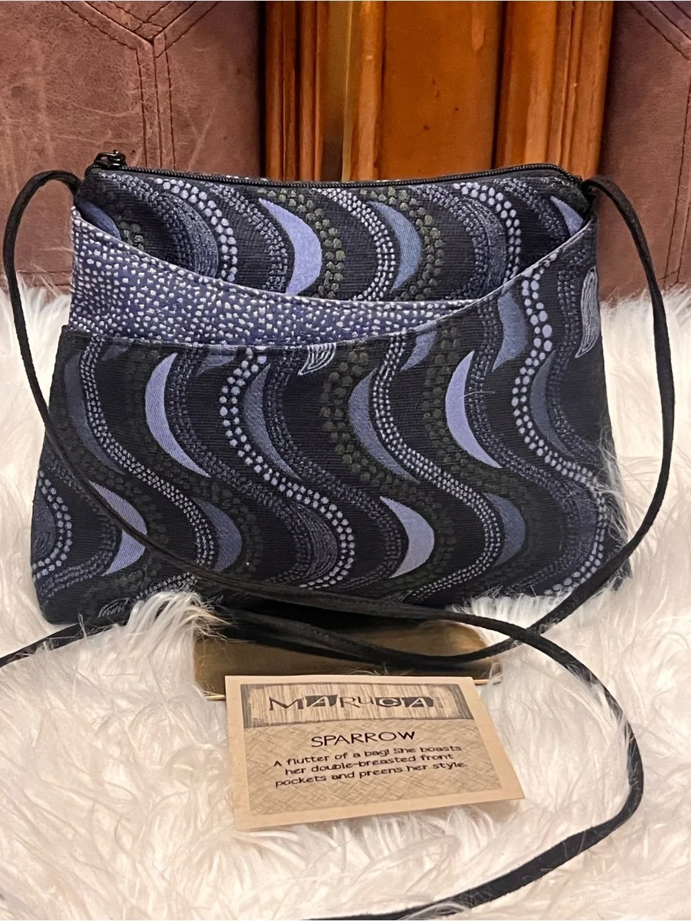Maruca Sparrow Lunar Blue black and Gray Wave Print crossbody bag.